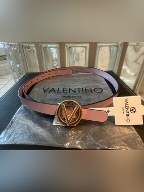 Valentino Pink Leather Belt with Gold V Logo Buckle